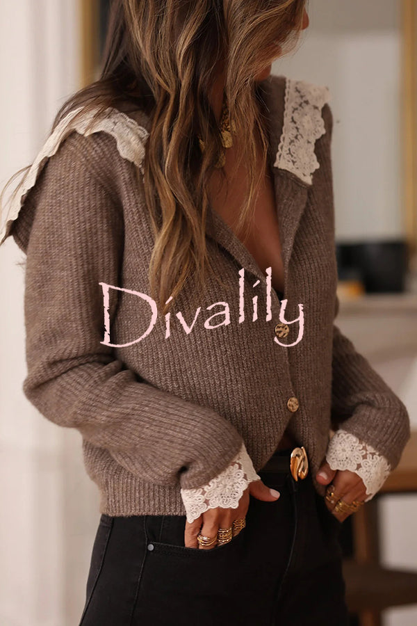 Fashionable Lace-trimmed Sailor Collar Casual Knit Cardigan