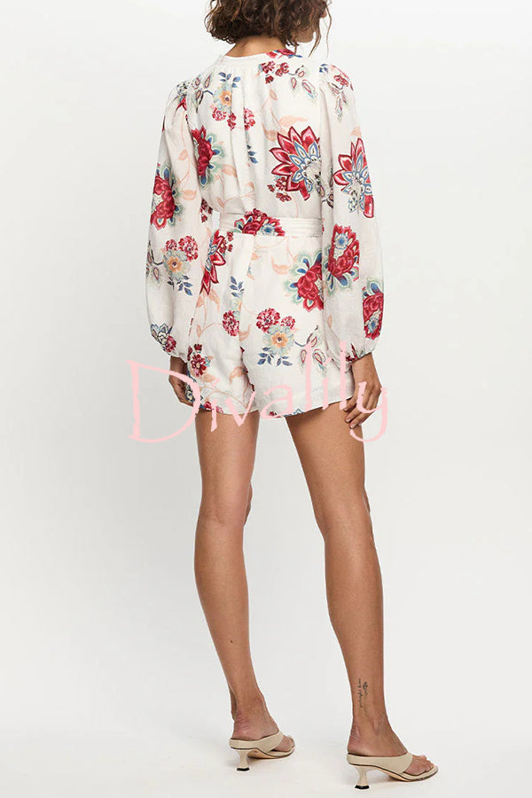 Floral Print Elegant Long Sleeve Waist Tie Casual Rompers