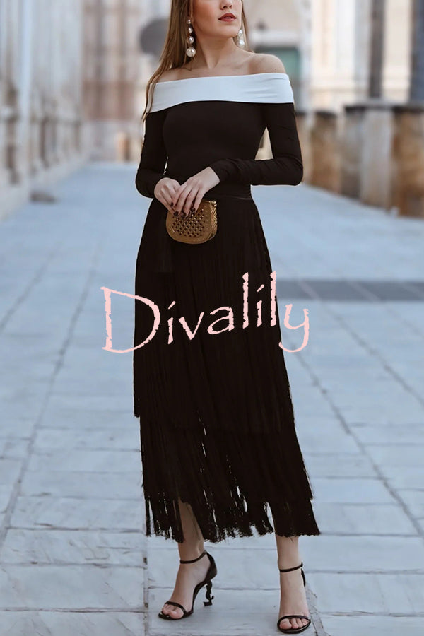 Elegant Tassel Hem Elastic Waist Casual Maxi Skirt