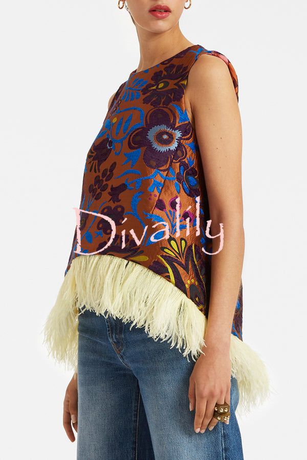 Emina Floral Feather Trim Trapezoidal Silhouette Asymmetrical Hem Top