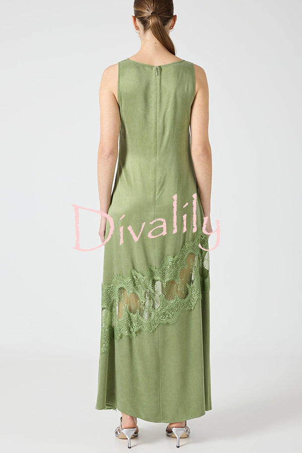 Pretty Soul Satin Lace Trim Wide Neck Irregular Hem Slit Maxi Dress