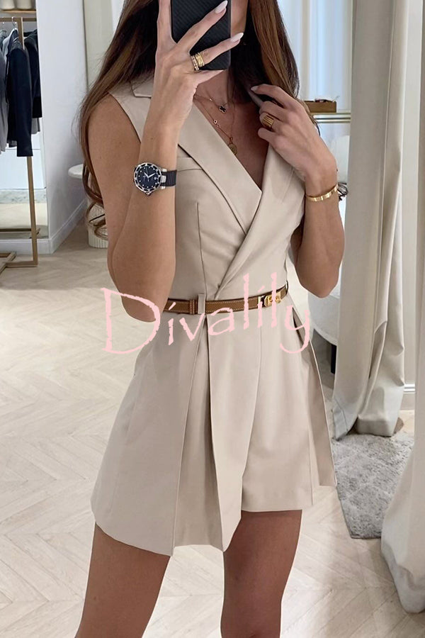 Office Lady or Fashion Girl Lapel Pocket with Belt Pleated Romper