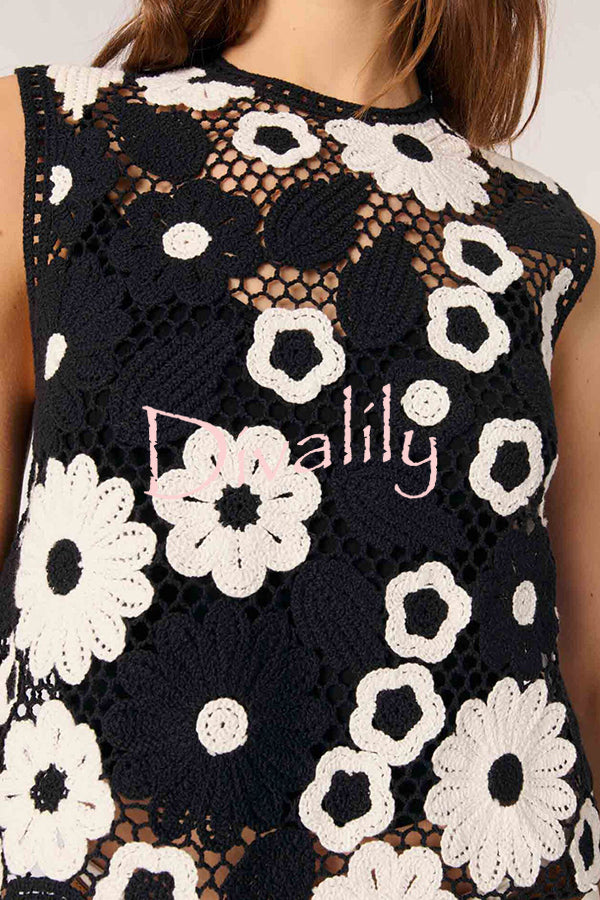 Fashionable Embroidered Hollow Crochet Sleeveless Round Neck Knitted Vest