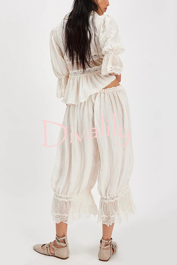 Pastoral Style Elastic Waist Lace Hem Bloomer Pants