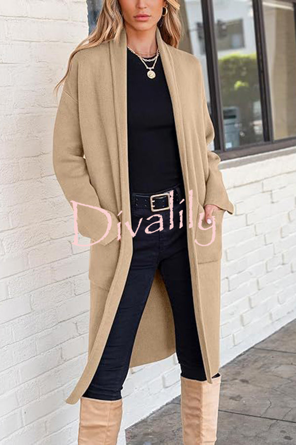Solid Color Long-sleeved Casual Loose Pocket Mid-length Cardigan