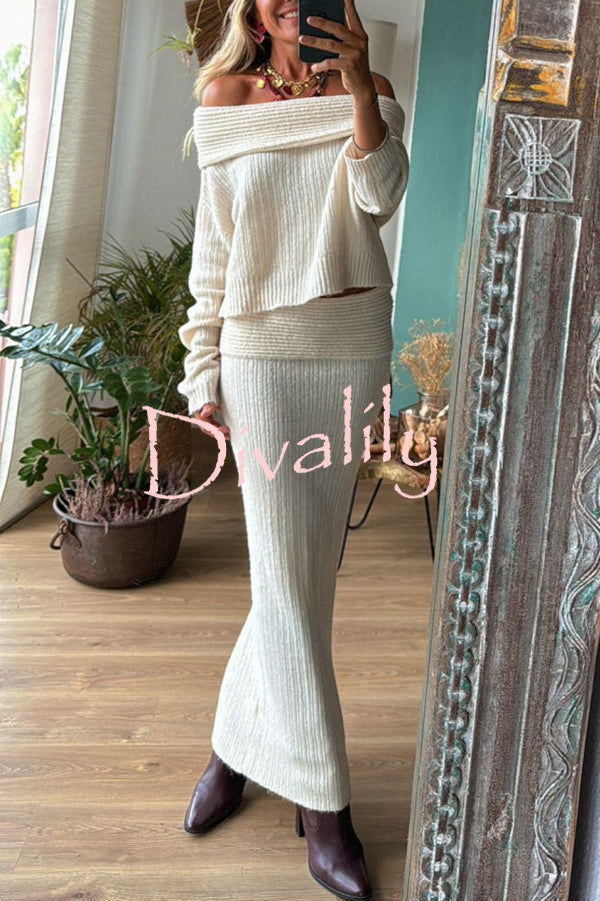 Luka Ribbed Knit Off Shoulder Long Sleeve Sweater and Stretch Maxi Skirt Set