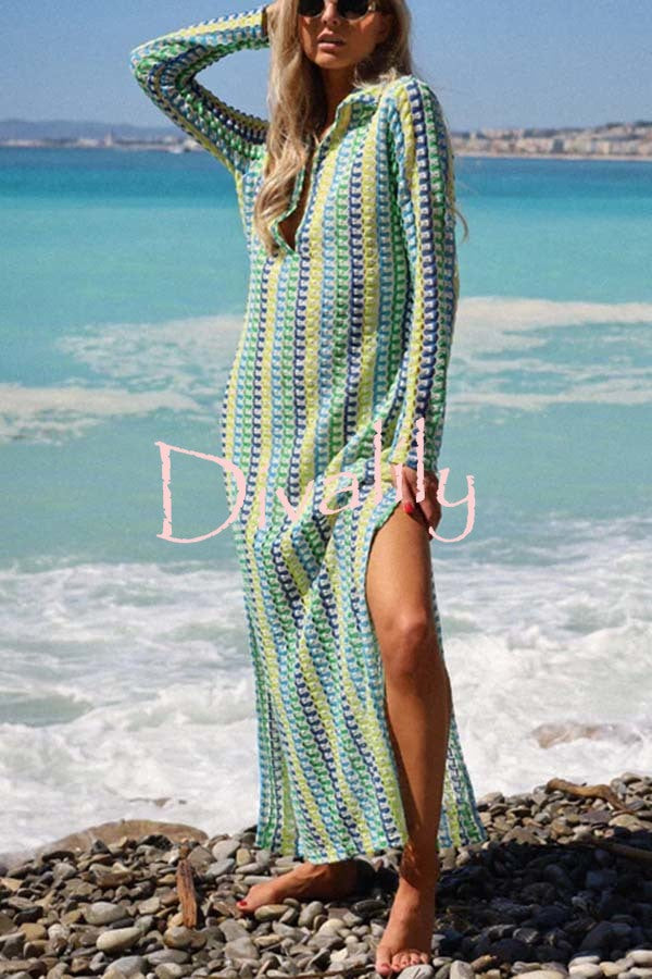 Eleanor Knit Colorful Wave Unique Print Shirt U-neck Long Sleeve Slit Maxi Dress