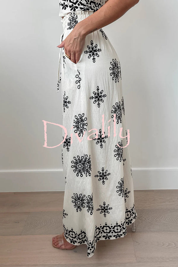 Unique Printed Round Neck Sleeveless Button Top and Elastic Waist Pocket Wide Leg Pants Set