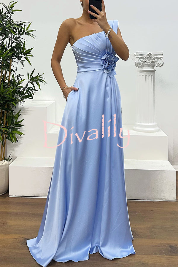 Nasha Satin Pleated One Shoulder Petal Gemstone Detail Pocket Slit Maxi Dress