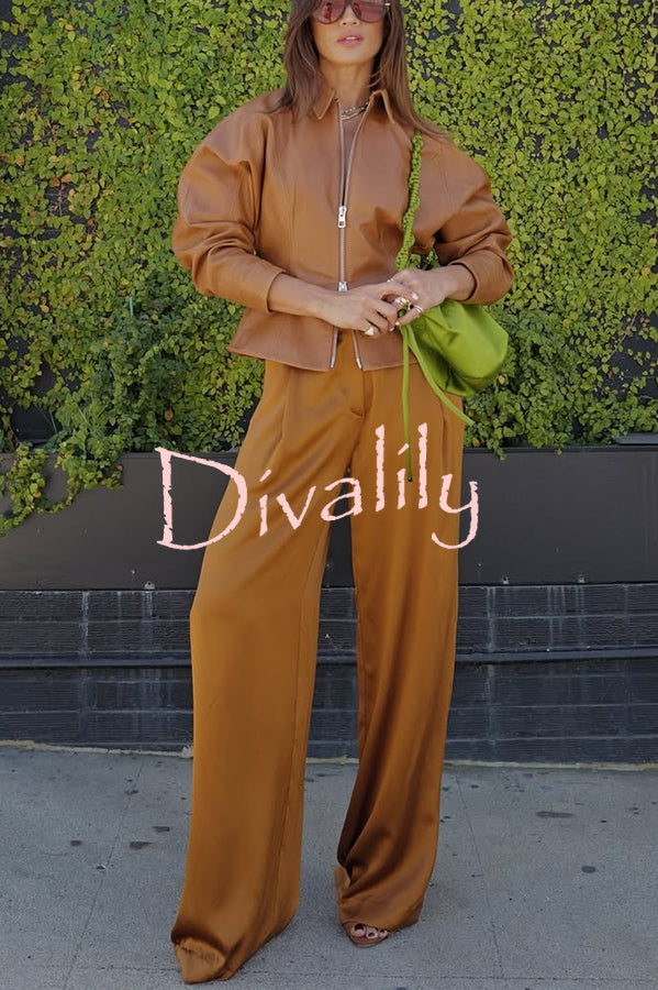 Pop of Brown Faux Leather Double Zipper Detail Balloon Sleeve Lapel Jacket