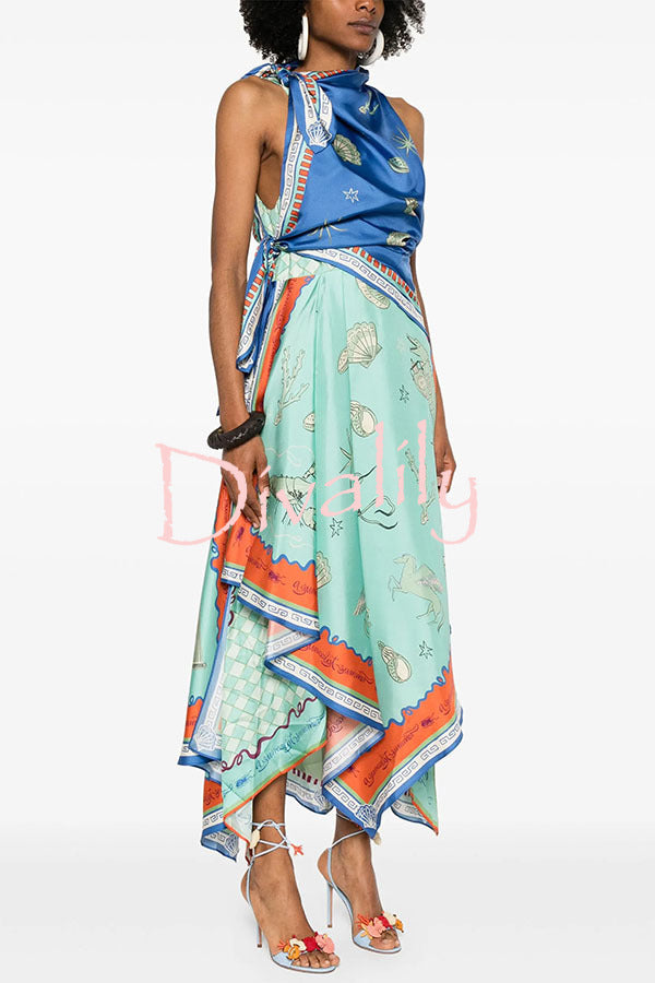 Surrealist Summer Satin Unique Print Tie-up Details Layered Hem Scarf Maxi Dress
