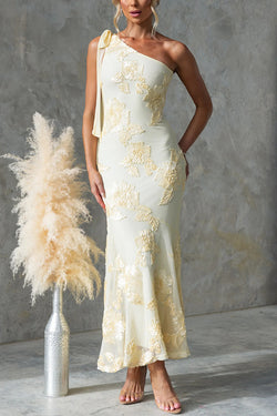 Elegant Embroidered One-shoulder Tie-neck Fishtail Maxi Dress