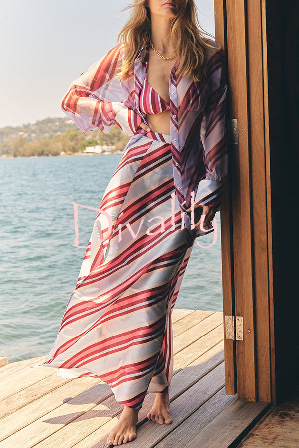 Brighter Days Sheer Organza Striped Tie-up Oversized Blouse
