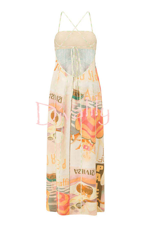 Palermo Linen Blend Contrast Panel Unique Print Back Lace-up Maxi Dress