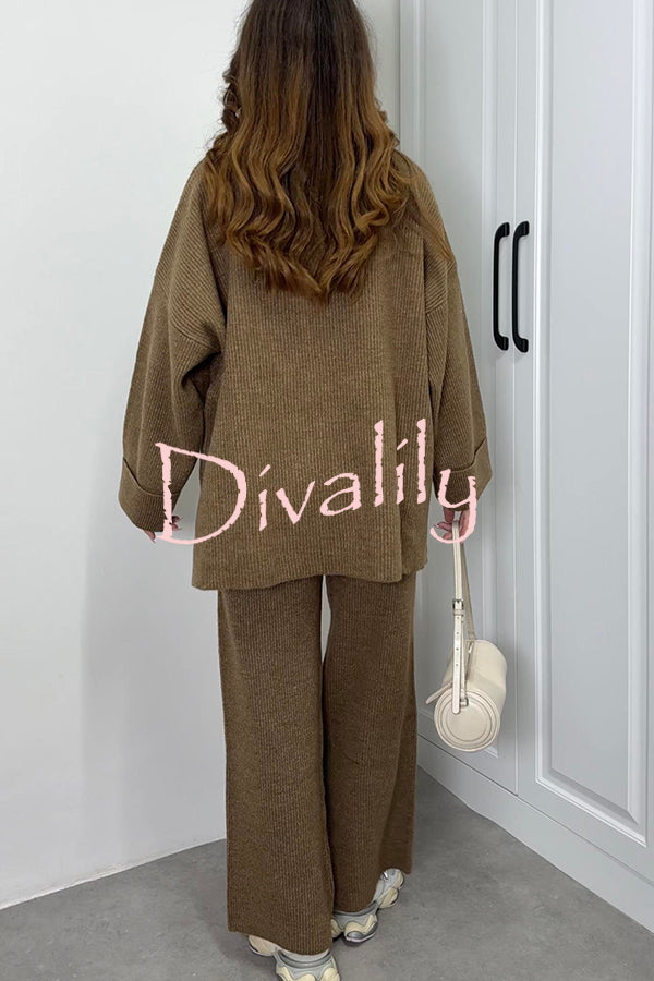 Solid Color Loose Long-sleeved Knit Top and Elastic Waist Casual Straight Leg Pants Set