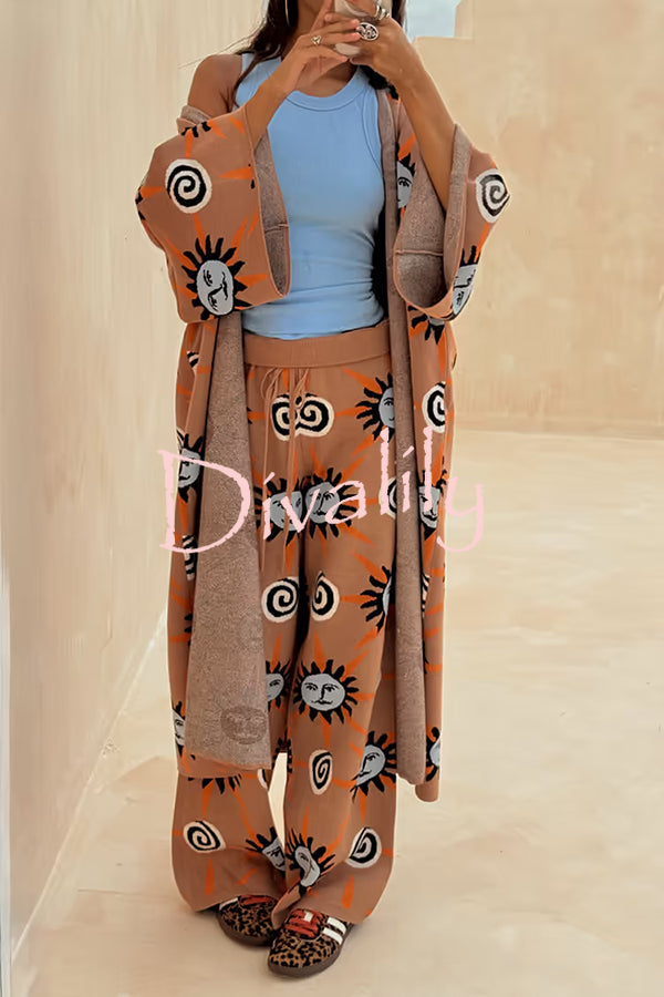 Mediterranean Art Knit Unique Sun Vortex Print Bell Sleeve Long Cardigan