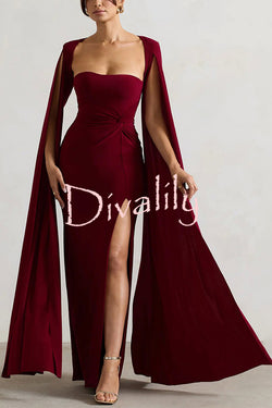 Elegant Goddess Square Neck Twisted Cape Sleeve Slit Maxi Dress