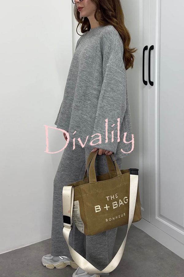 Solid Color Loose Long-sleeved Knit Top and Elastic Waist Casual Straight Leg Pants Set