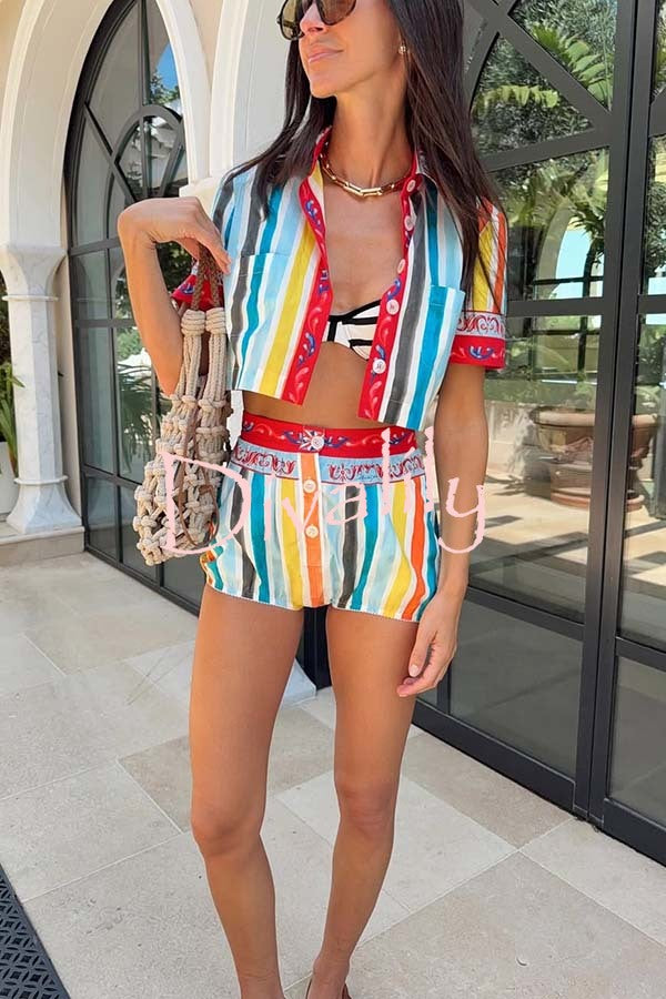 Rainbow Mood Unique Print Short Sleeve Crop Shirt and Elastic Waist Loose Bloomers Set