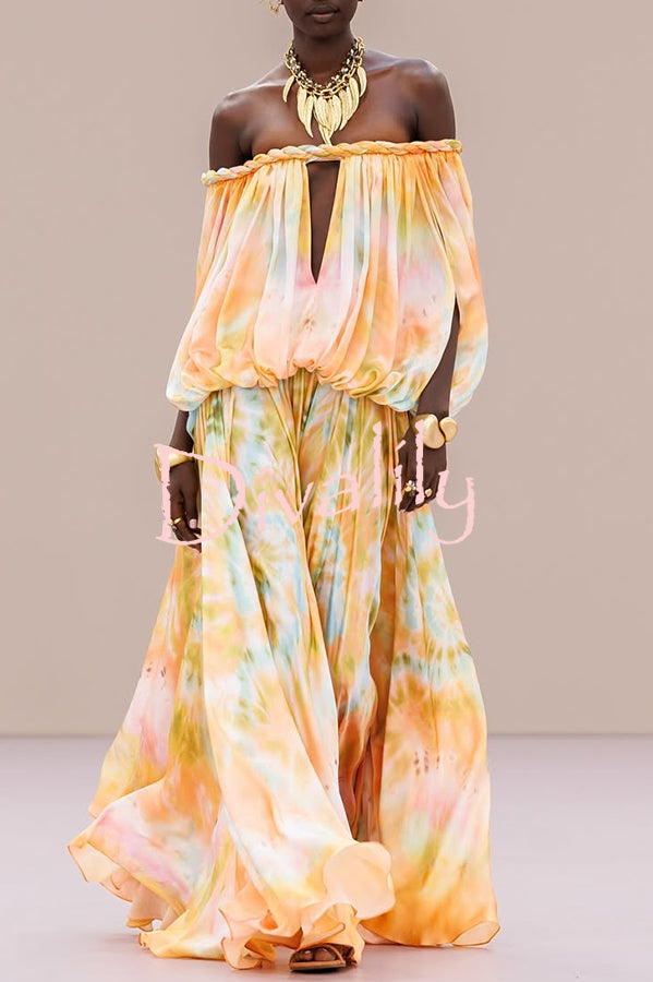 Gorgeous 70s Dream Tie-dye Print Off Shoulder Braid Cutout Detail Drape Maxi Dress