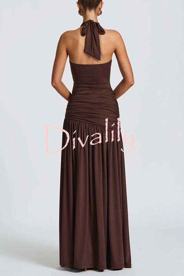 Solid Color Halter Neck Backless Slim Fit Pleated Slit Maxi Dress