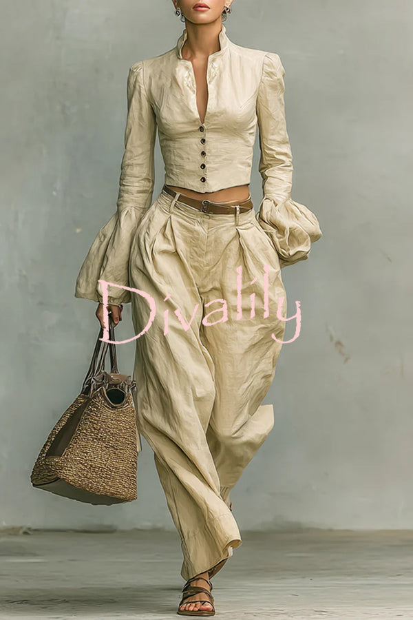 Linen-blend Long-sleeved Button-down Top and Relaxed-pocket Wide-leg Pants Set