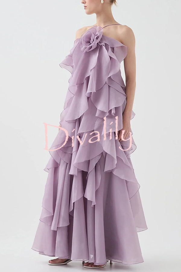 Free - Flowing Rose Detail Tiered Ruffles Halter A-line Maxi Dress