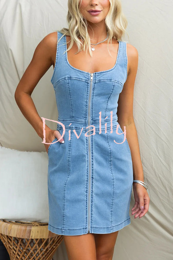 Nylah Denim Front Center Zipper Princess Line Pocket Stretch Mini Dress