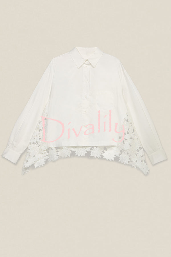 Daisy Long Sleeve Back Crochet Floral Lace A-line Blouse