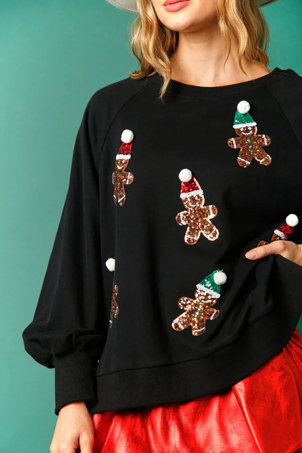 Christmas Gingerbread Man Sequined Long Sleeve Sweatshirt