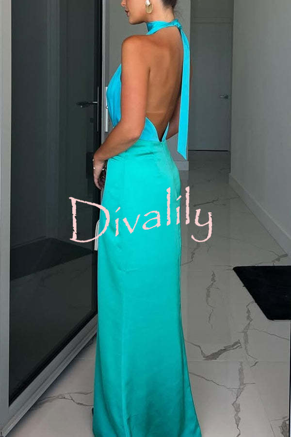 Like A Gem Satin Colorblock Halter Backless Party Maxi Dress