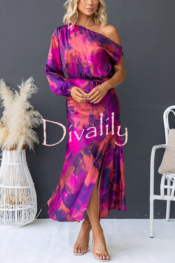 Winona Satin Floral Print One Shoulder Balloon Sleeve Tie-up Maxi Dress