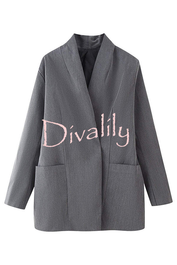 Solid Color Lapel Long Sleeve Casual Pocket Long Blazer
