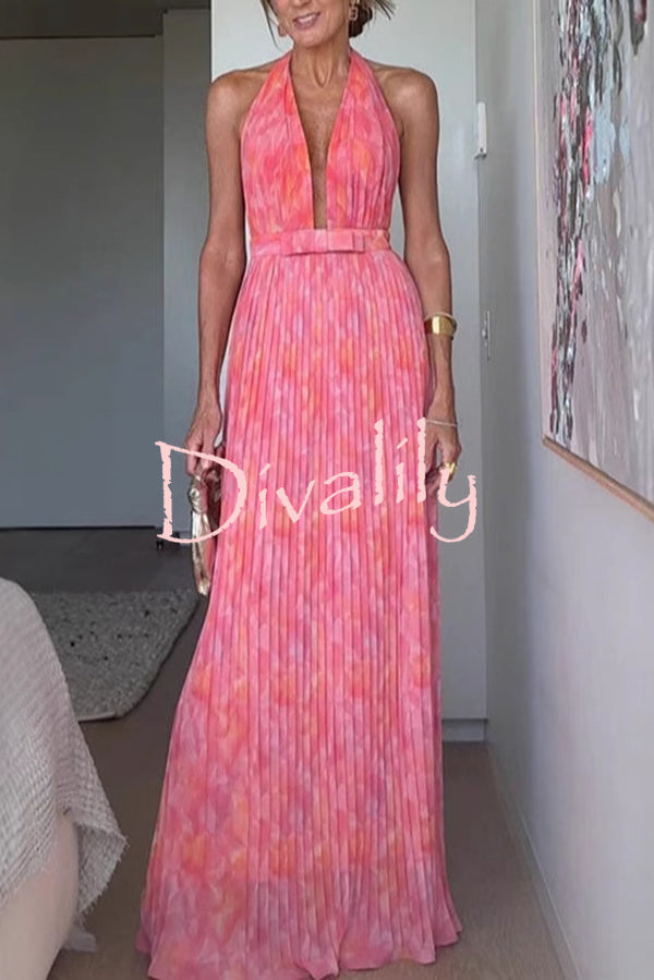 Unique Print Sexy Halter Neck Tie Pleated Vacation Maxi Dress
