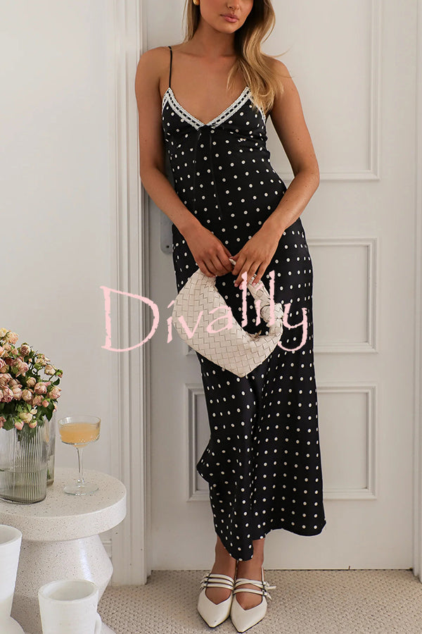 Polka Dot Print Sleeveless Patchwork Lace-up Midi Dress