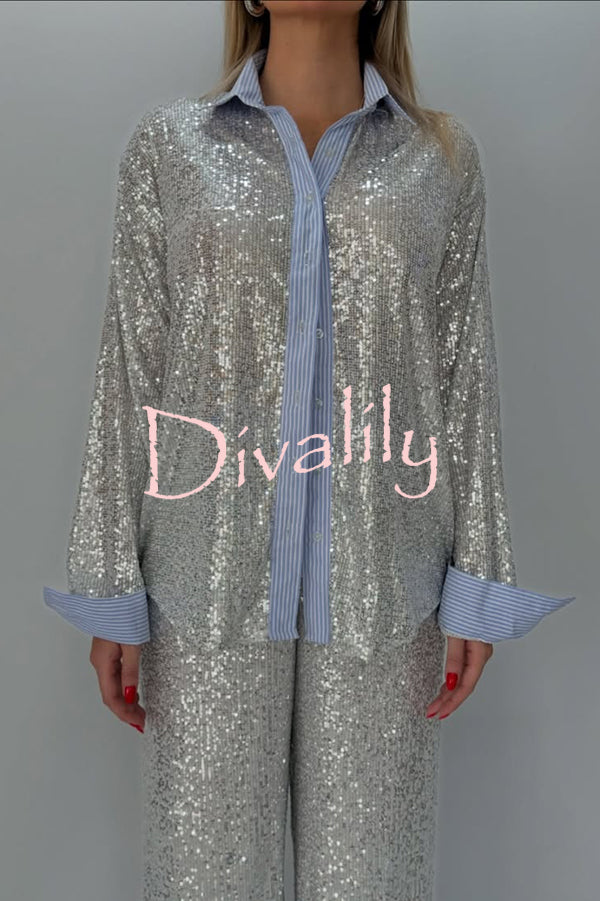 Fashion Sequined Loose Long-sleeved Shirt and Casual Elastic Waist Wide-leg Pants Set