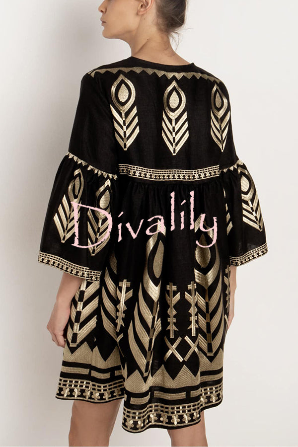 Unique Gold Printed V-neck Bell Sleeve Mini Dress