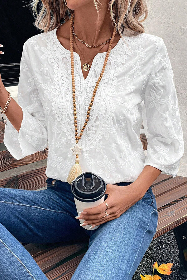 Solid Color Lace Embroidered Floral Loose Casual Top