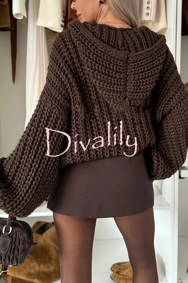 Warm Day Knit Button Up Long Balloon Sleeve Hooded Loose Cardigan