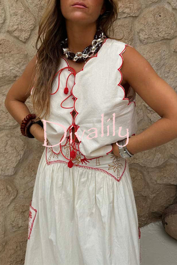 Sunny Day Linen Blend Contrast Embroidered Print Scallop Trim Lace-up Top