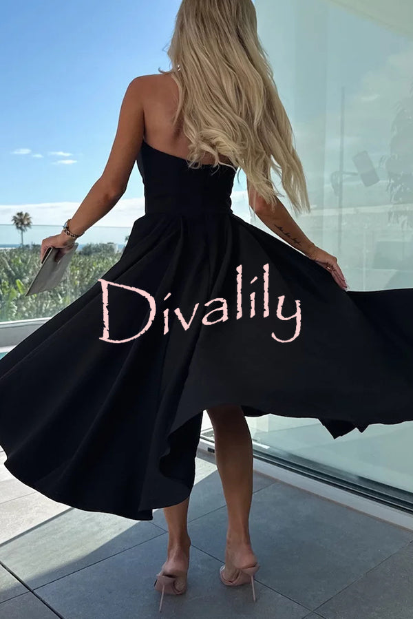 Sweet Cascade Solid Color Off Shoulder Pocket Full Hem Midi Dress
