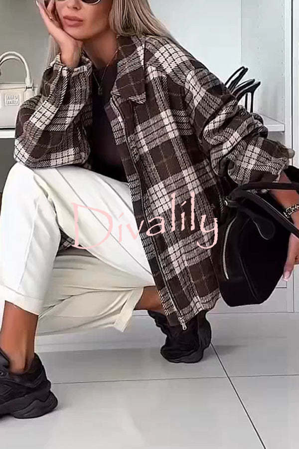 Fashion Plaid Print Lapel Long Sleeve Loose Zipper Jacket