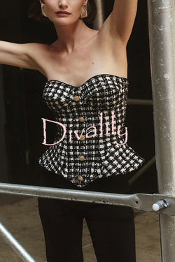Maya Check Bouclé-tweed Fabric Sweetheart Neck Gold Button Strapless Tank