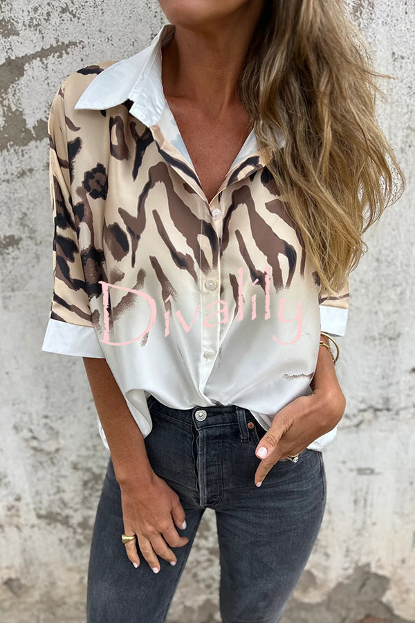 Classic Wild Satin Gradient Leopard Print Loose Short-sleeved Blouse