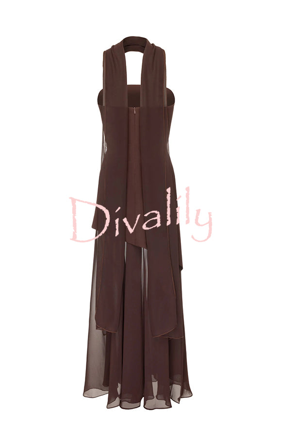 Monaco Off Shoulder Structured Top Chiffon Slit Hem Scarf Maxi Dress