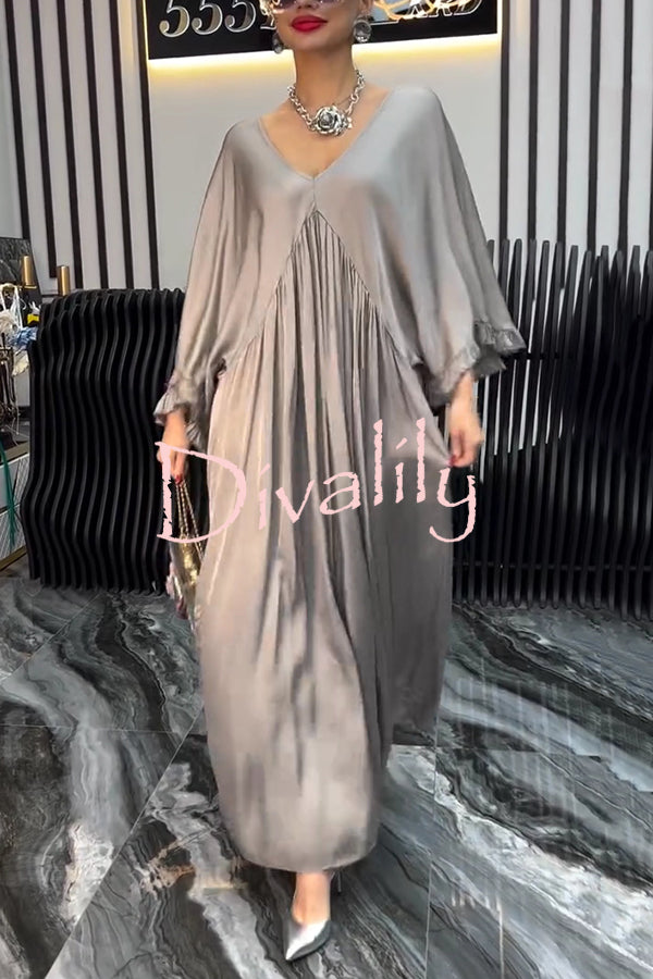 Satin Solid Color V-neck Lotus Leaf Sleeve Loose Pleated Maxi Dress