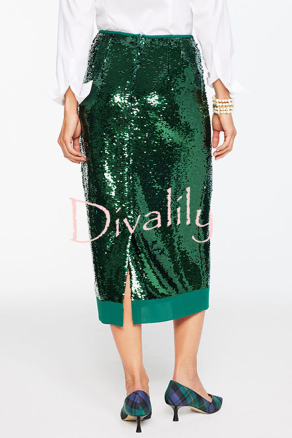 Shimmer Scene Sequin Patchwork Hem High Rise Slit Pencil Midi Skirt