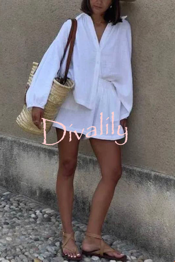 Solid Color Lapel Long Sleeve Loose Shirt and Elastic Waist Casual Pocket Shorts Set