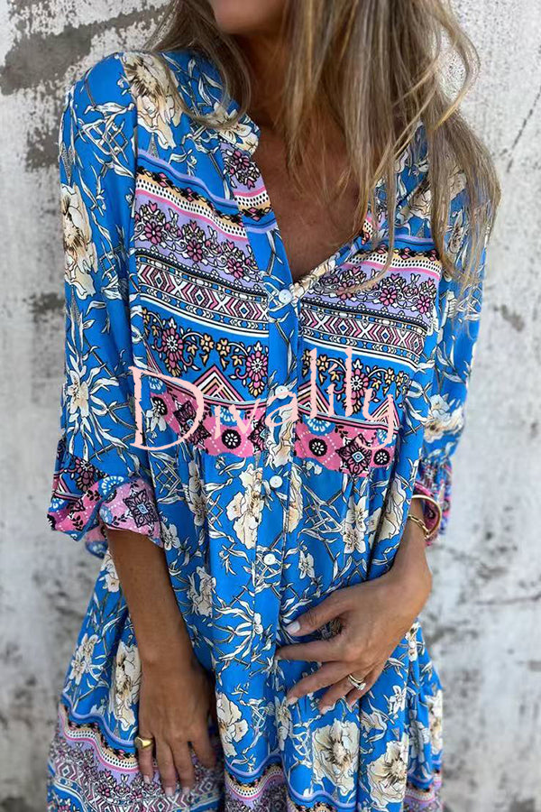 Ethnic Floral Print V-neck Loose Pocket Mini Dress