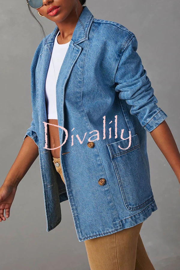 Breaking The Rules Denim Button Up Lapel Loose Blazer Jacket